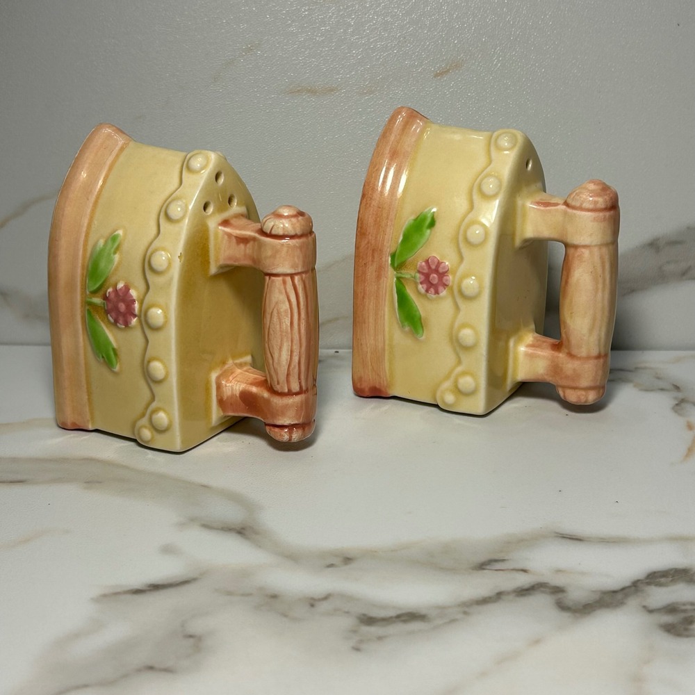 Vintage Ceramic Flat Iron Salt and Pepper Shakers Set Japan Floral Novelty